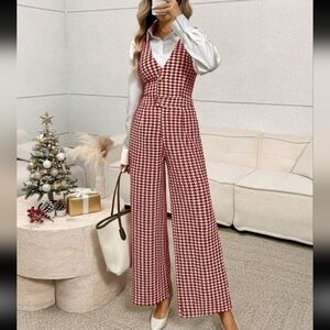 Women's Red Houndstooth Wide-Leg Jumpsuit - Small